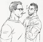  2boys andrew_kelpie_(dickfish) bara billy_russell_(dickfish) casual cigarette collared_shirt dickfish_(fishismdick) facial_hair frown glasses highres large_pectorals male_focus mature_male multiple_boys muscular muscular_male mustache original pectorals pointing scan shirt short_hair sideburns sketch thick_eyebrows traditional_media translation_request 