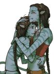  2girls absurdres alien animal_ears avatar:_the_way_of_water blue_skin braid brown_hair cat_ears character_request colored_skin commentary commentary_request crying highres hug james_cameron&#039;s_avatar jewelry jui_(dirtybigrat) kiri_(avatar) long_hair mother_and_daughter multiple_girls na&#039;vi navel necklace neytiri open_mouth pointy_ears science_fiction simple_background smile snot tail tank_top tearing_up tribal white_background 