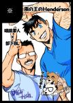  2boys animal_ears arm_hair bara billy_russell_(dickfish) blue_eyes blue_shirt casual couple dickfish_(fishismdick) dog_boy dog_ears facial_hair furrification furry furry_male furry_with_furry glasses grin hand_up john_rottweil_(dickfish) large_pectorals looking_at_viewer male_focus mature_male multiple_boys muscular muscular_male mustache original pectorals shirt short_hair sideburns smile thick_eyebrows translation_request undercut v yaoi 