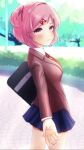  1girl bag bangs blazer blue_skirt blurry blurry_background blush breasts brown_jacket brown_sweater_vest closed_mouth commentary cowboy_shot curled_fingers depth_of_field doki_doki_literature_club dress_shirt embarrassed foliage from_side furrowed_brow hair_intakes hair_ornament hair_ribbon hedge highres imminent_hand_holding jacket lamppost long_sleeves looking_at_viewer looking_to_the_side natsuki_(doki_doki_literature_club) neck_ribbon outdoors outstretched_hand park pink_eyes pink_hair pleated_skirt pov red_ribbon ribbon school_bag school_uniform shirt short_hair skirt small_breasts solo stone_floor sweater_vest swept_bangs tree two_side_up upturned_eyes wata_(harxchoro) white_shirt x_hair_ornament 