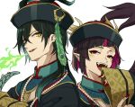  androgynous black_hair chinese_clothes corpse fang fangs green_eyes hat jiangshi lilia_vanrouge looking_at_viewer malleus_draconia multicolored_hair ofuda otoufu_(mayu1003r) pale_skin pink_hair pointy_ears red_eyes short_hair smile twisted_wonderland undead zombie 