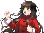  1girl ahoge black_bow bow breasts brown_hair chinese_clothes clenched_hands commentary_request fate/stay_night fate_(series) green_eyes hair_bow lo_lis open_mouth small_breasts solo tohsaka_rin upper_body v-shaped_eyebrows 