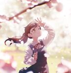  1girl blurry blush branch brown_eyes brown_hair cherry_blossoms collared_dress day depth_of_field dress highres holding holding_petal kunitarou-art long_hair long_sleeves looking_up neck_ribbon original outdoors petals ponytail red_ribbon ribbon smile solo spring_(season) 