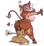  2017 anthro big_butt biped bovid bovine breasts brown_body brown_hair butt cattle colored_sketch countershading digital_drawing_(artwork) digital_media_(artwork) domestic_cat duo face_between_cheeks felid feline felis female female/female fur hair hereford_cattle joelasko jolly_molly_(joelasko) looking_back mammal nipples sketch tail tail_tuft tan_body tan_countershading tan_fur tuft valerie_(val-cat) 