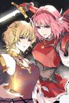  2girls bare_shoulders black_background blonde_hair breasts brown_eyes citrinne_(fire_emblem) cleavage fire_emblem fire_emblem_engage grey_hairband hairband highres holding holding_sword holding_weapon lapis_(fire_emblem) light_particles looking_at_viewer multiple_girls pink_eyes pink_hair red_armor red_hairband short_hair sleeveless sword twitter_username two-tone_hairband umi_(_oneinchswing) weapon wing_hair_ornament 