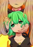  2girls bangs blonde_hair closed_mouth commentary_request expressionless fingernails frilled_shirt_collar frills green_eyes green_hair hair_between_eyes hand_in_another&#039;s_hair hand_on_another&#039;s_cheek hand_on_another&#039;s_face head_out_of_frame highres komeiji_koishi kurodani_yamame long_hair looking_at_viewer matara_okina multiple_girls open_mouth rinyamame sharp_fingernails shirt touhou upper_body very_long_hair yellow_shirt 