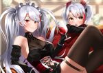  1girl alternate_costume antenna_hair azur_lane belt_collar black_dress black_gloves breasts brown_thighhighs clothing_cutout collar cross cup dress drinking_glass elbow_gloves gloves headgear highres iron_cross large_breasts little_prinz_eugen_(azur_lane) long_hair long_sleeves maid_headdress mole mole_on_breast multicolored_hair navel_cutout official_alternate_costume orange_eyes prinz_eugen_(azur_lane) prinz_eugen_(kindred_evening_spirits)_(azur_lane) red_dress red_hair see-through see-through_dress sleeveless streaked_hair swepot thigh_strap thighhighs two-tone_dress two-tone_hair very_long_hair white_hair wine_glass yellow_eyes 