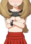  1girl black_shirt blush breasts breasts_out brown_hair cleavage clothes_lift covering covering_breasts head_out_of_frame highres long_hair morisobo nipples no_bra parted_lips pokemon pokemon_(anime) pokemon_(game) pokemon_xy red_skirt serena_(pokemon) shirt shirt_lift simple_background skirt solo white_background 