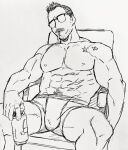  1boy abs alternate_facial_hair bara billy_russell_(dickfish) boxers bulge can cigarette dickfish_(fishismdick) facial_hair feet_out_of_frame glasses highres holding holding_can large_pectorals male_focus male_underwear mature_male muscular muscular_male mustache navel navel_hair nipples on_chair original pectorals scan scar scar_on_chest short_hair sideburns sitting sketch solo spread_legs stomach stubble thick_thighs thighs topless_male traditional_media underwear underwear_only 