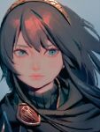  1girl artist_name bangs bellhenge blue_background blue_eyes blue_hair fire_emblem fire_emblem_awakening gem hair_between_eyes jewelry lips long_hair looking_to_the_side lucina_(fire_emblem) shadow shawl simple_background solo tiara upper_body 