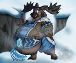  antlers averydraws belly big_belly blue_eyes capreoline clothing deer diamond_(gem) gem hi_res horn male mammal moose overweight snow solo tarrak_hadfield tight_clothing winter_clothing wizard101 