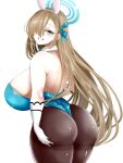  1girl animal_ears ass asuna_(blue_archive) asuna_(bunny)_(blue_archive) black_pantyhose blue_archive blue_bow blue_eyes blue_leotard bow breasts brown_hair curvy english_commentary gloves hair_bow hair_over_one_eye halo haseru_(ginku_mh) huge_breasts leotard long_hair looking_at_viewer pantyhose playboy_bunny rabbit_ears sideboob simple_background smile solo white_background white_gloves 