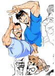  2boys animal_ears arm_hair bara billy_russell_(dickfish) blue_eyes blue_shirt brown_fur casual couple cropped_torso dickfish_(fishismdick) dog_boy dog_ears facial_hair furrification furry furry_male furry_with_furry glasses grin hand_up highres john_rottweil_(dickfish) large_pectorals looking_at_viewer male_focus mature_male multiple_boys muscular muscular_male mustache original pectorals scan shirt short_hair sideburns sketch smile thick_eyebrows tongue tongue_out traditional_media undercut v white_fur yaoi 