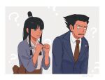  1boy 1girl 23011620x ? ace_attorney bangs black_hair blue_jacket blunt_bangs clenched_hands collared_shirt confused hair_ornament half_updo hanten_(clothes) jacket japanese_clothes jewelry kimono long_hair long_sleeves magatama maya_fey necklace necktie obi parted_bangs phoenix_wright purple_jacket red_necktie sash shirt short_hair sidelocks simple_background spiked_hair sweatdrop upper_body white_kimono white_shirt 