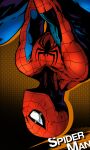  1boy absurdres bodysuit character_name commentary_request highres male_focus marvel mask solo spider-man spider-man_(series) suparu_(detteiu) superhero upside-down 