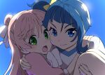  2girls ahoge bangs blue_background blue_eyes blue_hair blush bow carrying green_eyes hair_ribbon half_updo highres hirogaru_sky!_precure long_hair multiple_girls nijigaoka_mashiro open_mouth pink_hair precure princess_carry ribbon side_ponytail simple_background single_sidelock sora_harewataru ueyama_michirou white_bow white_ribbon 