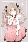  1girl :q arm_support bangs black_ribbon blush bow bowtie chocolate chocolate_on_hand closed_mouth dated dot_nose feet_out_of_frame floating_hair food_on_hand frills grey_background hair_between_eyes hair_ribbon hand_on_own_cheek hand_on_own_face hand_up heart high-waist_skirt highres leaning_forward light_brown_hair long_hair long_sleeves looking_at_viewer minagi_koharu official_art outside_border pink_bow pink_bowtie pink_eyes pink_skirt ribbon rounded_corners simple_background skirt slow_loop smile solo split_mouth standing striped striped_ribbon swept_bangs tongue tongue_out two_side_up uchino_maiko valentine vertical_stripes wing_collar 