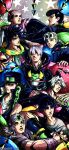  1girl 6+boys absurdres alternate_color artist_name black_hair black_headwear braid dixie_cup_hat gakuran giorno_giovanna gloves green_eyes green_scarf grey_hair hair_between_eyes hat higashikata_josuke higashikata_josuke_(jojolion) highres hood hoodie horseshoe_ornament jodio_joestar johnny_joestar jojo_no_kimyou_na_bouken jojolion jonathan_joestar joseph_joestar joseph_joestar_(young) kujo_jolyne kujo_jotaro looking_at_viewer military_hat multiple_boys noonvincent parted_lips sailor scarf school_uniform shirt short_hair simple_background sparkle star_(symbol) steel_ball_run striped striped_scarf the_jojolands twitter_username upper_body white_shirt yellow_lips 