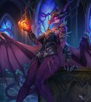  anthro armor blizzard_entertainment dracthyr dragon female glowing glowing_eyes hi_res horn looking_at_viewer magic magic_user purple_body purple_eyes saltamor scalie solo warcraft watermark western_dragon wings 