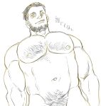  1boy abs bara beard character_request check_character chest_hair completely_nude cowboy_shot dickfish_(fishismdick) facial_hair hair_slicked_back hairy highres john_rottweil_(dickfish) large_pectorals male_focus male_pubic_hair mature_male muscular muscular_male nipples nude original out-of-frame_censoring pectorals pubic_hair scan short_hair sketch smirk solo stomach thick_eyebrows traditional_media translation_request 
