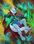  abstract_background anthro barefoot black_belt blue_body blue_clothing blue_eyebrows blue_fur blue_hair cheek_tuft clothed clothing disembodied_foot eyebrows facial_tuft feet felid fur glistening glistening_eyes green_eyes group hair hi_res light_body light_fur magic_user male mammal narrowed_eyes oselotti pawpads red_cape red_nose red_pawpads signature solo_focus tuft 