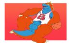  2023 5:3 absurd_res anthro anus arm_support ball balls basketball_(ball) basketball_jersey blue_body blue_penis blue_tongue claws colored crocodile crocodilian crocodylid digital_media_(artwork) erection eyebrows facial_markings genitals gradient_background head_markings hi_res jersey leaning_on_elbow leaning_on_object male markings nike nipple_slip number_on_jersey overweight overweight_male pecs penis ramitas red_body reptile scalie simple_background sitting solo spines thick_eyebrows tongue tongue_out 