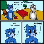  1:1 2020 3_panel_comic anthro biped black_nose blue_body blue_ears blue_fur blue_hair blue_tail broitscody canid canine canis chest_tuft cody_(broitscody) dialogue duo english_text floppy_ears fur grey_body grey_fur grey_hair grey_tail hair hi_res logan_(broitslogan) male mammal microsoft minecraft mojang monotone_ears monotone_hair monotone_tail multicolored_body multicolored_fur tail text tuft two_tone_body two_tone_fur two_tone_tail watermark white_body white_ears white_fur wolf xbox_game_studios 