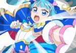  1girl absurdres ahoge blue_cape blue_eyes blue_hair brooch cape cure_sky detached_sleeves earrings fingerless_gloves gloves highres hirogaru_sky!_precure incoming_attack incoming_punch jewelry looking_at_viewer magical_girl multicolored_cape multicolored_clothes open_mouth precure puffy_detached_sleeves puffy_sleeves punching red_cape single_earring single_sidelock solo sora_harewataru tsukikage_oyama twintails two-sided_cape two-sided_fabric white_gloves wing_brooch 