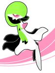  1girl bangs black_outline bob_cut colored_skin flat_chest flat_color full_body gardevoir green_hair green_skin hair_over_one_eye high_contrast highres looking_at_viewer multicolored_skin one_eye_covered outline pokemon pokemon_(creature) red_eyes short_hair simple_background solo standing two-tone_background two-tone_skin white_background white_skin yuri_(pixiv_76483886) 