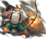  anthro arrow_(disambiguation) belly bottomwear bow_(weapon) bulge canid canine clothing dress_shirt fire fox fur guadr hi_res iyo_(tamacolle) male mammal moobs orange_body orange_fur overweight ranged_weapon shirt shorts solo suspenders tamacolle topwear weapon 