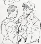  2boys bara billy_russell_(dickfish) christmas couple dickfish_(fishismdick) eye_contact facial_hair fake_beard fake_facial_hair fake_mustache from_side glasses gloves hand_on_another&#039;s_hand hat highres john_rottweil_(dickfish) looking_at_another male_focus mature_male military military_uniform multiple_boys mustache open_clothes open_shirt original santa_costume santa_hat scan short_hair sideburns sketch thick_eyebrows traditional_media uniform upper_body yaoi 