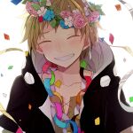  1boy black_hoodie blonde_hair blue_flower blush brown_shirt casual collarbone colored_eyelashes commentary_request confetti cross-laced_clothes cross-laced_slit decorations facing_viewer flower hair_flower hair_ornament head_wreath hood hood_down hoodie hoshiyui_tsukino kagerou_project kano_shuuya leaf male_focus mekakucity_actors open_mouth paper_chain pink_flower pink_rose portrait print_hoodie rose shirt short_hair short_sleeves simple_background smile solo teeth two-tone_hoodie upper_body white_background white_flower white_hoodie 
