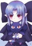  1girl :&lt; animal black_dress blue_background blue_hair bow cat commentary dress empty_eyes frown hair_bow holding holding_animal holding_cat large_bow len_(tsukihime) lo_lis long_hair pointy_ears red_eyes signature solo tsukihime upper_body 
