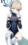  black_leotard blonde_hair blue_archive blue_eyes blue_leotard blue_ribbon boots braid bun_cover covered_collarbone covered_navel double_v earpiece elbow_gloves fingerless_gloves gloves hair_ribbon halo high_heel_boots high_heels highleg highleg_leotard highres ito_uuu knee_boots leotard maid_headdress multicolored_hair ribbon sitting sleeveless_turtleneck_leotard streaked_hair toki_(blue_archive) two-tone_leotard v white_background 