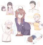  1boy 6+girls admiral_(kancolle) admiral_narita_(kancolle) ahoge apron az_toride bangs black_eyes black_hair black_jacket black_skirt blue_eyes blue_sailor_collar blush braid brown_hair closed_eyes closed_mouth colored_eyelashes dress food fruit fusou_(kancolle) grey_hair hair_between_eyes hair_flaps hair_ornament hair_over_one_eye hairclip hamakaze_(kancolle) head_scarf jacket japanese_clothes kantai_collection kantai_collection_(anime) kappougi long_hair long_sleeves mandarin_orange military military_uniform multiple_girls naval_uniform obi open_clothes open_jacket open_mouth red_eyes red_ribbon ribbon sailor_collar sailor_dress sash school_uniform serafuku shaded_face shigure_(kancolle) shigure_kai_ni_(kancolle) short_hair simple_background single_braid skirt smile suzutsuki_(kancolle) translation_request uniform white_background white_dress white_hair white_headwear yamashiro_(kancolle) yellow_apron yellow_headwear yukikaze_(kancolle) 