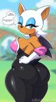  absurd_res anthro bat blue_eyes blurred_background blush butt clothed clothing dialogue digital_media_(artwork) english_text eyelashes female half-closed_eyes hi_res lollipopcon looking_at_viewer looking_back mammal narrowed_eyes rouge_the_bat sega solo sonic_the_hedgehog_(series) speech_bubble text 