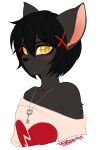  &lt;/3 2015 anthro black_hair blush clothed clothing digital_media_(artwork) domestic_cat felid feline felis female fur grey_body grey_fur hair hi_res jewelry key key_necklace looking_at_viewer mammal necklace pink_inner_ear pollo-chan shaded simple_background solo white_background yellow_eyes 