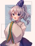  1girl bangs blue_eyes blue_headwear blue_skirt blush grey_hair hair_between_eyes hat heart japanese_clothes kariginu long_hair mononobe_no_futo moshihimechan one-hour_drawing_challenge open_mouth pom_pom_(clothes) ponytail ribbon-trimmed_sleeves ribbon_trim skirt sleeves_past_fingers sleeves_past_wrists smile solo tate_eboshi touhou wide_sleeves 