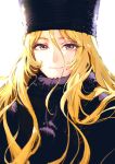  1girl black_capelet black_dress black_headwear blonde_hair brown_eyes capelet dress eyelashes fur-trimmed_collar fur_hat fur_trim ginga_tetsudou_999 hair_between_eyes hat highres jun_(seojh1029) long_hair looking_at_viewer maetel simple_background smile solo upper_body white_background 