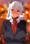  1girl bangs blurry blurry_background blush breasts crossed_arms formal heart heart-shaped_pupils helltaker highres kurowa large_breasts long_hair looking_at_viewer modeus_(helltaker) red_eyes sleeves_past_wrists solo suit sweat sweater symbol-shaped_pupils turtleneck turtleneck_sweater upper_body white_hair 