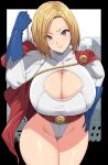  1girl belt blonde_hair blue_eyes blue_gloves bodysuit breasts cape cityscape cleavage cleavage_cutout clenched_hand clothing_cutout dc_comics gloves highres huge_breasts kloah looking_at_viewer power_girl red_cape white_bodysuit 