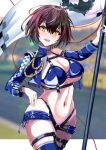  1girl :d ahoge arm_up azur_lane baltimore_(azur_lane) baltimore_(finish_line_flagbearer)_(azur_lane) bangs bikini black_bikini black_choker blue_bikini blue_footwear blue_jacket blue_shorts boots braid breasts bridal_garter brown_hair chest_harness choker cleavage collarbone commentary cowboy_shot cropped_jacket flag french_braid hair_between_eyes harness highleg highleg_bikini holding holding_pole jacket large_breasts looking_at_viewer micro_shorts mismatched_bikini mitsuhanako navel off_shoulder official_alternate_costume pole race_queen revision short_hair shorts sidelocks single_bare_shoulder skindentation smile solo standing stomach swimsuit teeth thigh_boots underboob underbust upper_teeth_only yellow_eyes 