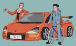  23011620x 2boys :i ace_attorney ascot bicycle black_hair black_vest blue_background blue_badger blue_jacket blue_pants car closed_mouth collared_shirt formal grey_hair ground_vehicle hair_intakes highres jacket keychain long_sleeves miles_edgeworth motor_vehicle multiple_boys necktie pants phoenix_wright red_jacket red_necktie red_suit shirt short_hair simple_background smile smug spiked_hair standing suit vehicle_focus vest white_shirt 