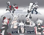  6+girls ;d animal_ears antennae arknights aurora_(arknights) axe bear_ears black_jacket blue_eyes cat_ears chaps commentary crop_top fox_ears frostleaf_(arknights) grey_eyes grey_hair grey_shirt grey_shorts hair_ornament hairclip heterochromia highres holding holding_axe holding_weapon horns jacket lappland_(arknights) long_hair long_sleeves mazz midriff multiple_girls navel one_eye_closed open_clothes open_jacket open_mouth pointy_ears red_eyes schwarz_(arknights) shirt short_shorts shorts smile snowball snowman star_(symbol) stomach strapless throwing tube_top very_long_hair w_(arknights) weapon white_jacket wolf_ears yellow_eyes 