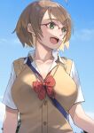  1girl ahoge between_breasts blue_sky blush bow bowtie breasts brown_vest collarbone glasses hair_ornament hairpin highres idolmaster idolmaster_cinderella_girls kawaty large_breasts looking_afar loose_bowtie mole mole_under_mouth open_collar outdoors school_uniform semi-rimless_eyewear shirt short_sleeves sky smile solo strap_between_breasts tsuchiya_ako upper_body vest white_shirt 