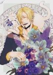  1boy absurdres animal_on_shoulder blonde_hair blue_flower bouquet cat closed_eyes curly_eyebrows facial_hair flower flower_ornament goatee hair_over_one_eye highres holding holding_bouquet laughing male_focus mustache one_piece open_mouth sanji_(one_piece) short_hair sk_c_ii upper_body 