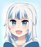  1girl absurdres blue_eyes blue_hair blush gawr_gura grey_hair highres hololive hololive_english hood hoodie looking_at_viewer medium_hair multicolored_hair open_mouth portrait rsp self-upload sharp_teeth simple_background smile solo teeth virtual_youtuber white_hair 