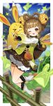  &gt;_&lt; 1girl 1other animal animal_ears arms_up bag bamboo bamboo_fence bangs basket bell bloomers blue_sky blunt_bangs blurry blurry_background blush boots border bow bow-shaped_hair brown_dress brown_eyes brown_hair bush closed_eyes cloud cloudy_sky day dress fence flower fur-trimmed_footwear fur_trim genshin_impact grass green_flower green_vest hair_bell hair_flower hair_ornament hands_up highres hug leaf leg_up long_sleeves looking_at_viewer mountain one_eye_closed open_mouth orange_bow orange_footwear outdoors outside_border puffy_long_sleeves puffy_sleeves rabbit rabbit_ears red_bow river shirt short_hair sidelocks sky smile standing standing_on_one_leg tassel tongue two-tone_footwear two-tone_fur underwear vest water white_border white_footwear white_fur white_shirt yaoyao_(genshin_impact) yellow_bow yellow_flower yellow_fur yuegui_(genshin_impact) yuujin_(yuzinn333) 