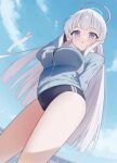  1girl alternate_costume blue_archive blue_shirt blue_shorts buruma gym_shirt gym_shorts gym_uniform halo highres light_blue_jacket noa_(blue_archive) purple_eyes shirt shorts shun&#039;ya_(daisharin36) thighs white_hair 