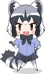  1girl animal_ears black_eyes bow bowtie common_raccoon_(kemono_friends) elbow_gloves extra_ears gloves grey_hair kemono_friends kemono_friends_3 kurokw looking_at_viewer lowres official_art open_mouth pantyhose raccoon_ears raccoon_girl raccoon_tail shirt short_hair skirt solo tail transparent_background 